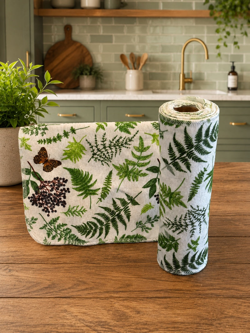 15 Towels Per Roll Reusable Paper Towels Green Ferns and Berries